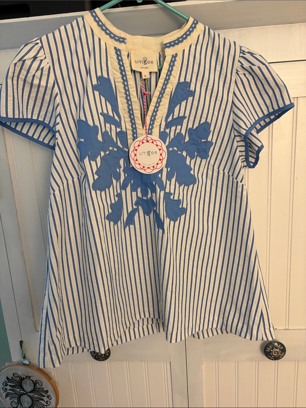 Umgee Blue & Cream Striped Embroidered Tunic Top